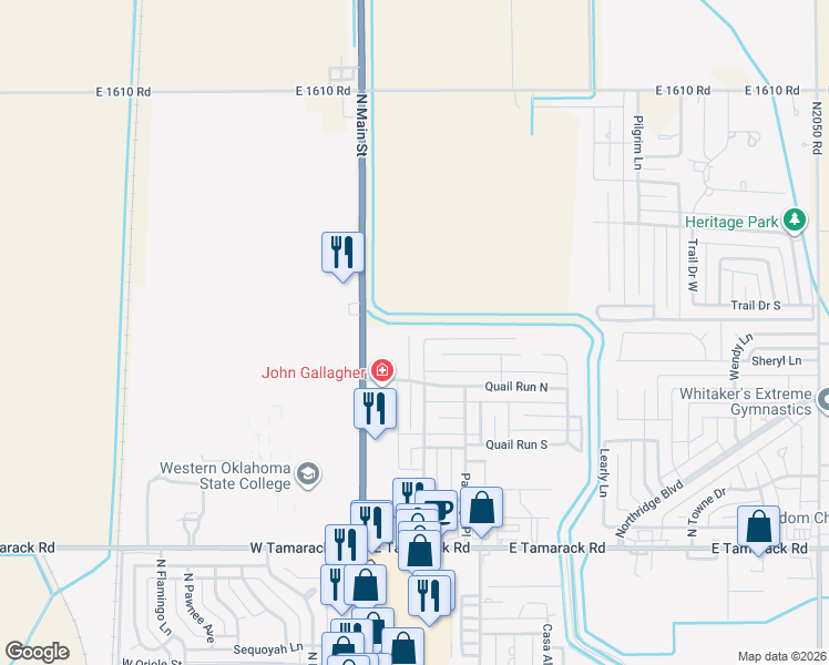 map of restaurants, bars, coffee shops, grocery stores, and more near 221 Pheasant Circle in Altus