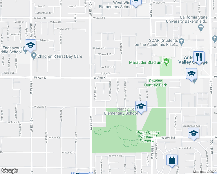 map of restaurants, bars, coffee shops, grocery stores, and more near 43521 Sierra Vista Drive in Lancaster
