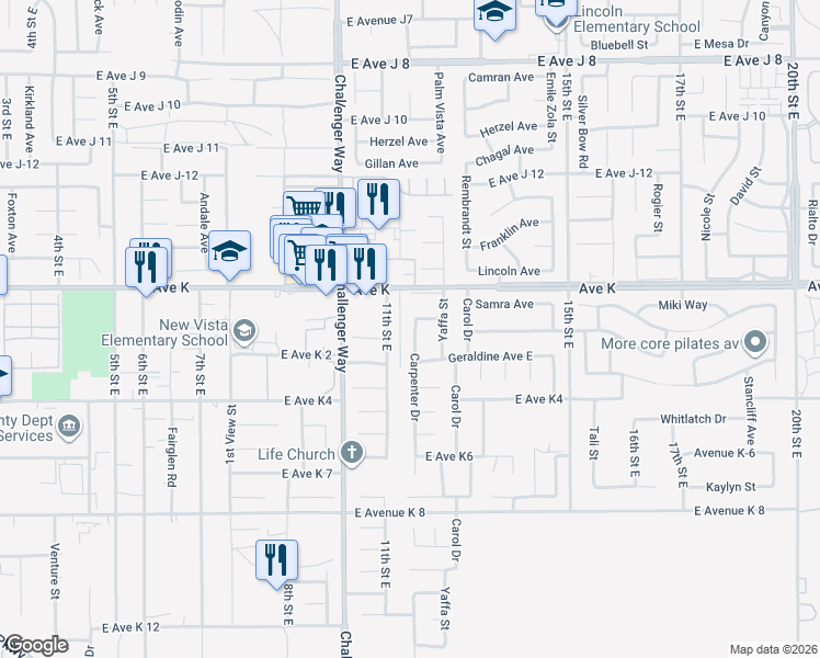 map of restaurants, bars, coffee shops, grocery stores, and more near 43535 Carpenter Drive in Lancaster