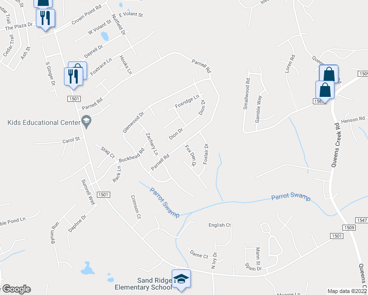 map of restaurants, bars, coffee shops, grocery stores, and more near 271 Parnell Road in Hubert