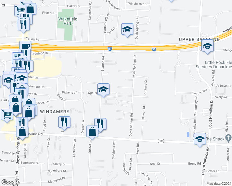 map of restaurants, bars, coffee shops, grocery stores, and more near 10 Larry Circle in Little Rock
