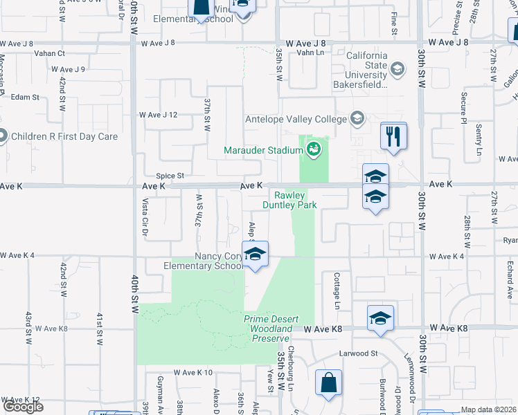 map of restaurants, bars, coffee shops, grocery stores, and more near 3548 West Avenue K1 in Lancaster