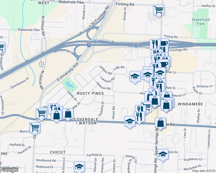 map of restaurants, bars, coffee shops, grocery stores, and more near in Little Rock