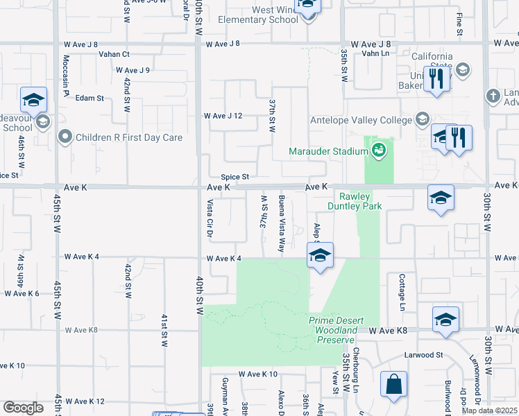 map of restaurants, bars, coffee shops, grocery stores, and more near 43523 37th Street West in Lancaster