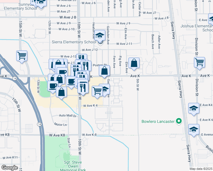 map of restaurants, bars, coffee shops, grocery stores, and more near 43525 Gadsden Avenue in Lancaster