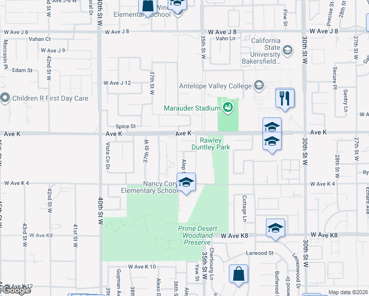 map of restaurants, bars, coffee shops, grocery stores, and more near 3548 West Avenue K1 in Lancaster
