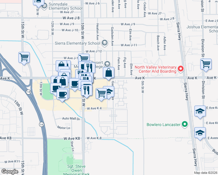 map of restaurants, bars, coffee shops, grocery stores, and more near 43525 Gadsden Avenue in Lancaster