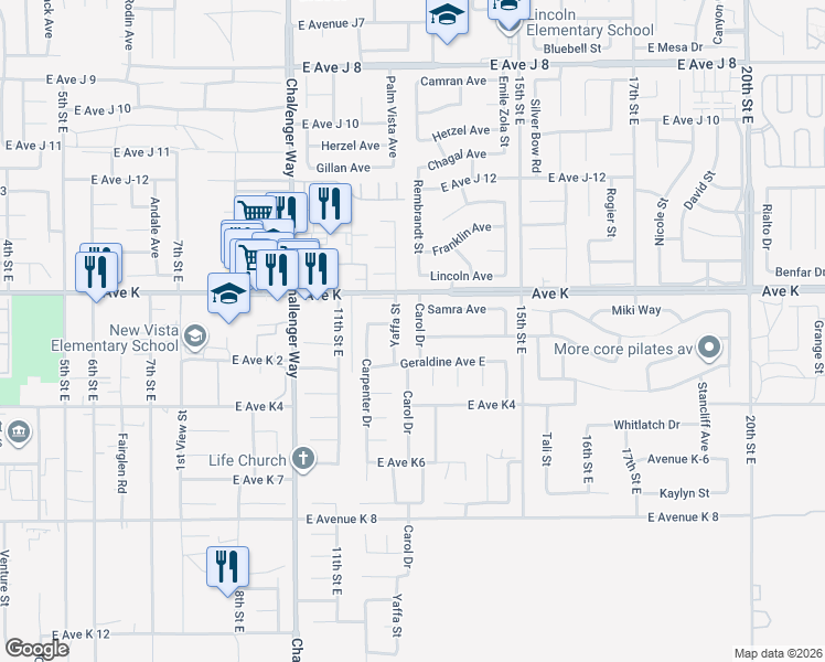map of restaurants, bars, coffee shops, grocery stores, and more near 43505 Carol Drive in Lancaster