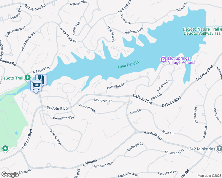 map of restaurants, bars, coffee shops, grocery stores, and more near 7 Castellon Drive in Hot Springs