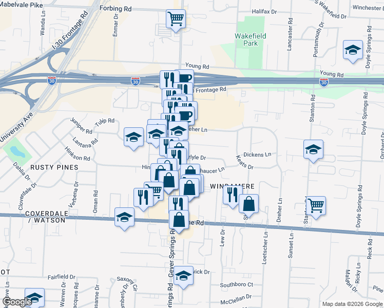 map of restaurants, bars, coffee shops, grocery stores, and more near 5824 Carlyle Drive in Little Rock