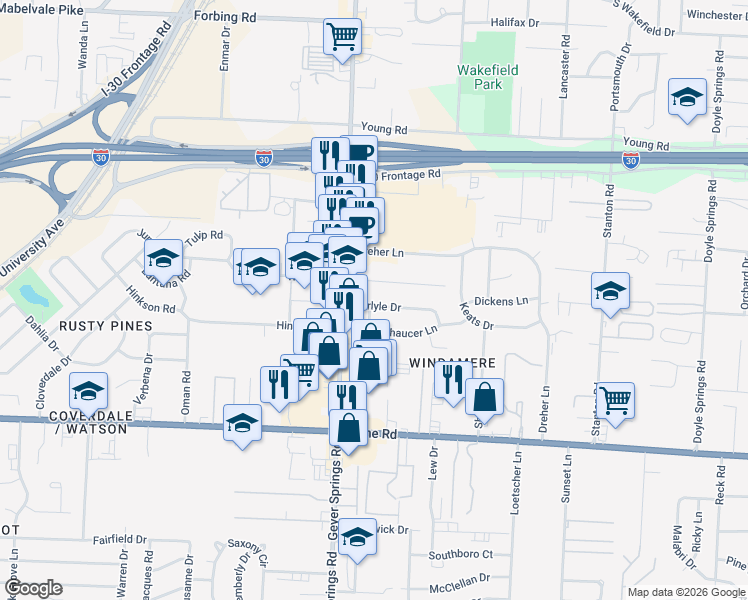 map of restaurants, bars, coffee shops, grocery stores, and more near 5824 Carlyle Drive in Little Rock