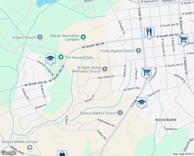 map of restaurants, bars, coffee shops, grocery stores, and more near 619 Ben Hilda Drive in Seneca