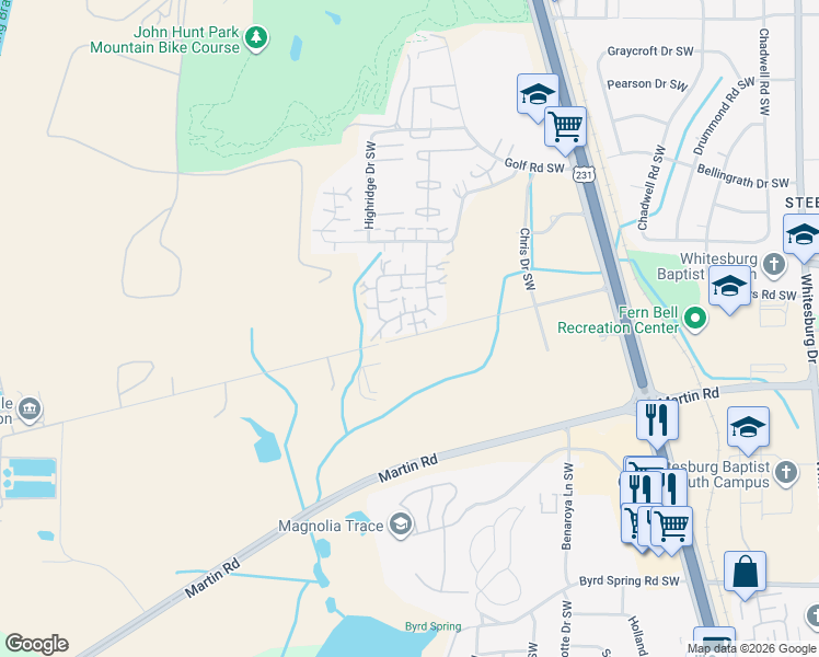 map of restaurants, bars, coffee shops, grocery stores, and more near 4240 Briar Green Drive Southwest in Huntsville