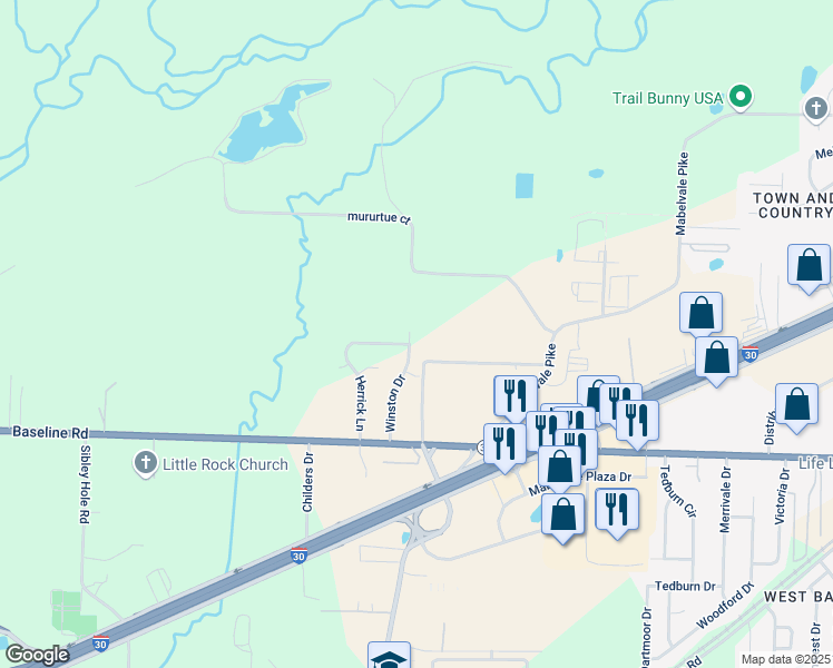 map of restaurants, bars, coffee shops, grocery stores, and more near 8501 Winston Drive in Little Rock