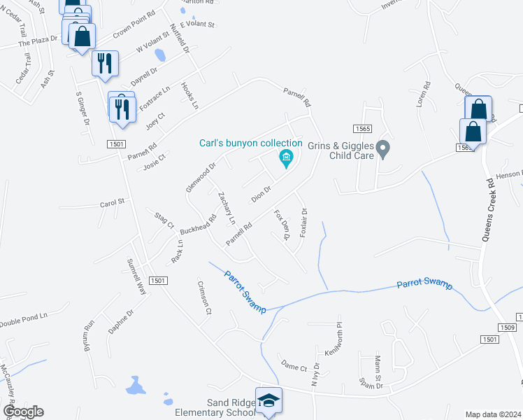 map of restaurants, bars, coffee shops, grocery stores, and more near 270 Parnell Road in Hubert