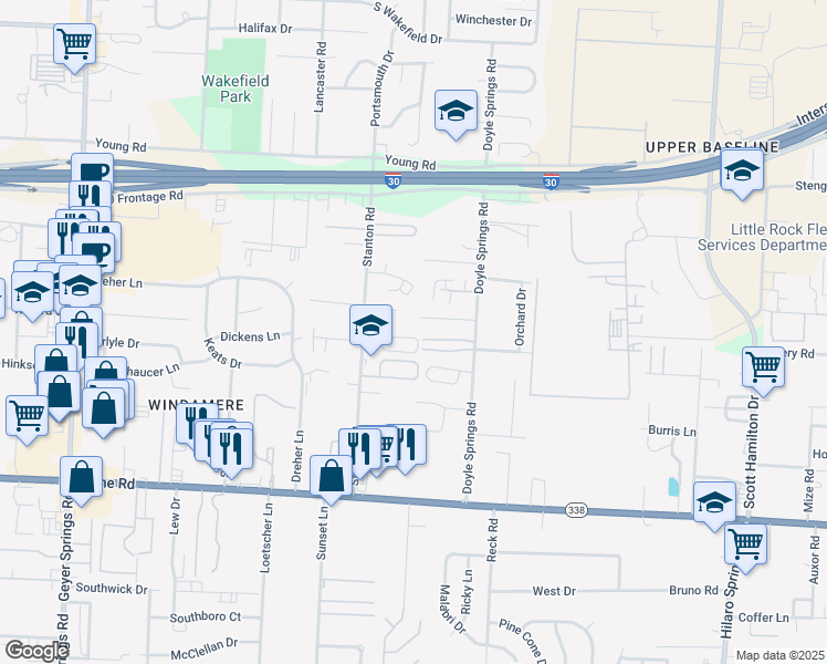 map of restaurants, bars, coffee shops, grocery stores, and more near 10 Larry Circle in Little Rock
