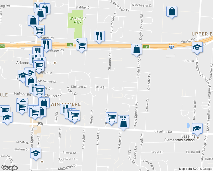 map of restaurants, bars, coffee shops, grocery stores, and more near 8301 Stanton Road in Little Rock