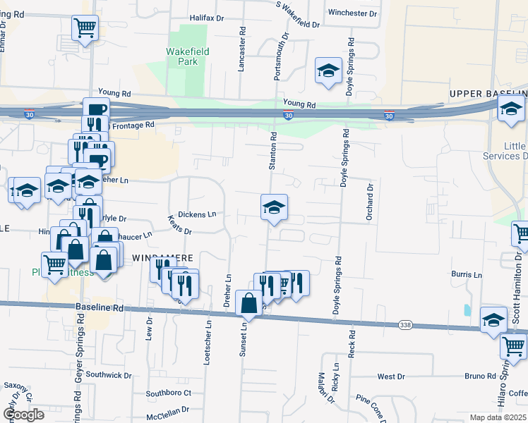 map of restaurants, bars, coffee shops, grocery stores, and more near 8301 Stanton Road in Little Rock