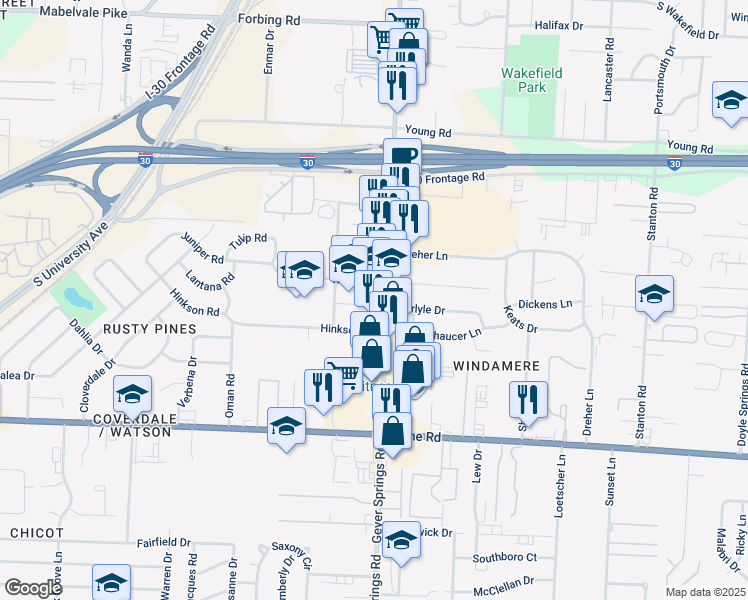 map of restaurants, bars, coffee shops, grocery stores, and more near 8312 Geyer Springs Road in Little Rock