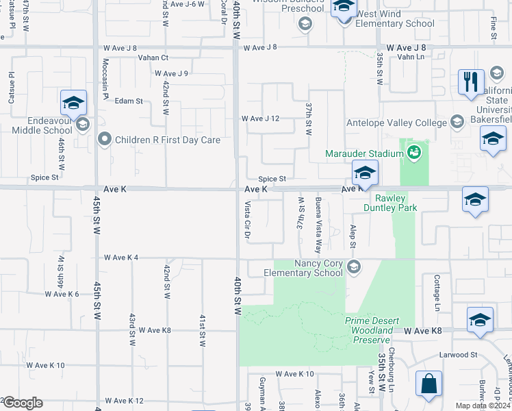 map of restaurants, bars, coffee shops, grocery stores, and more near 3850 Vista Linda Drive in Lancaster