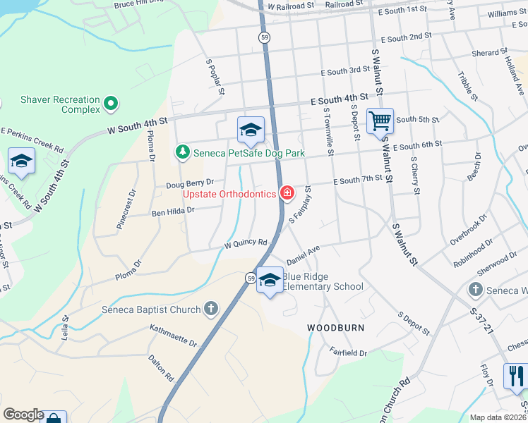 map of restaurants, bars, coffee shops, grocery stores, and more near 619 South Pine Street in Seneca
