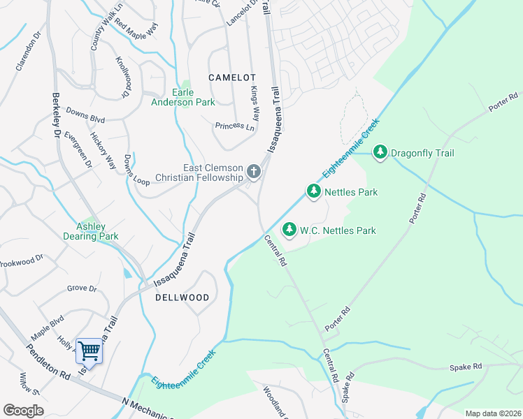 map of restaurants, bars, coffee shops, grocery stores, and more near 121 Nettles Road in Clemson