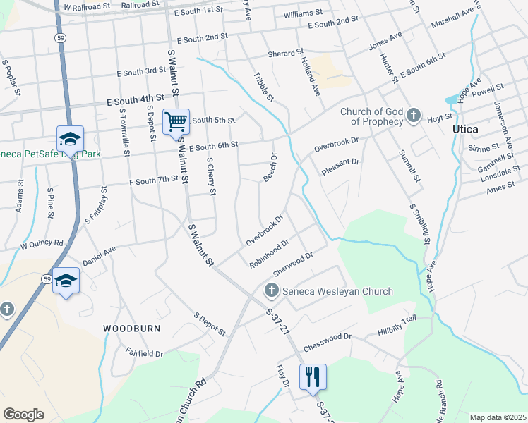 map of restaurants, bars, coffee shops, grocery stores, and more near 717 Beech Drive in Seneca