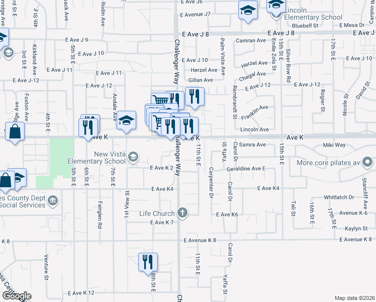 map of restaurants, bars, coffee shops, grocery stores, and more near 1020 East Avenue K in Lancaster