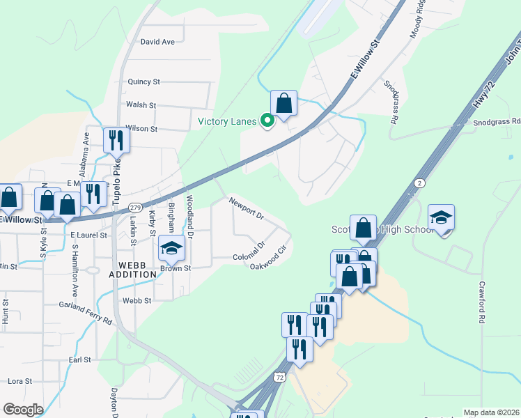 map of restaurants, bars, coffee shops, grocery stores, and more near 114 Newport Drive in Scottsboro