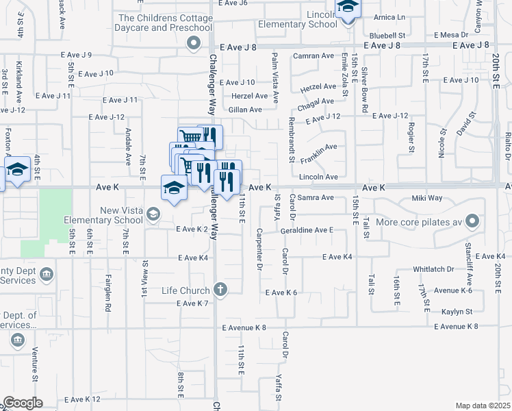map of restaurants, bars, coffee shops, grocery stores, and more near 43547 Carpenter Drive in Lancaster