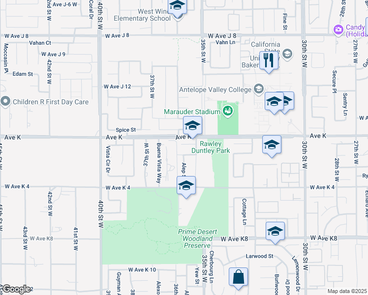 map of restaurants, bars, coffee shops, grocery stores, and more near 3548 West Avenue K1 in Lancaster
