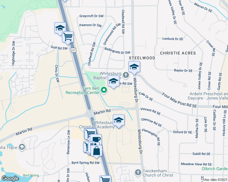 map of restaurants, bars, coffee shops, grocery stores, and more near 107 Sanders Road Southwest in Huntsville