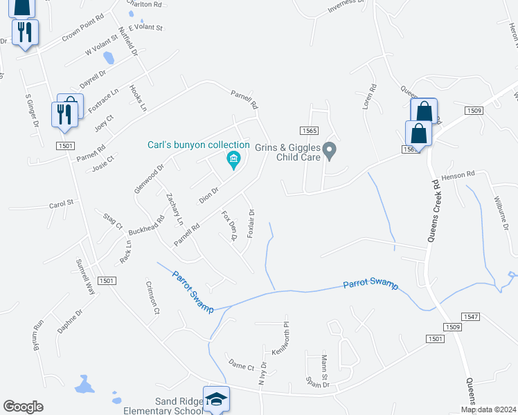 map of restaurants, bars, coffee shops, grocery stores, and more near 107 Foxlair Drive in Hubert