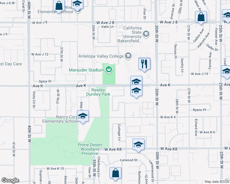 map of restaurants, bars, coffee shops, grocery stores, and more near 3240 West Avenue K1 in Lancaster
