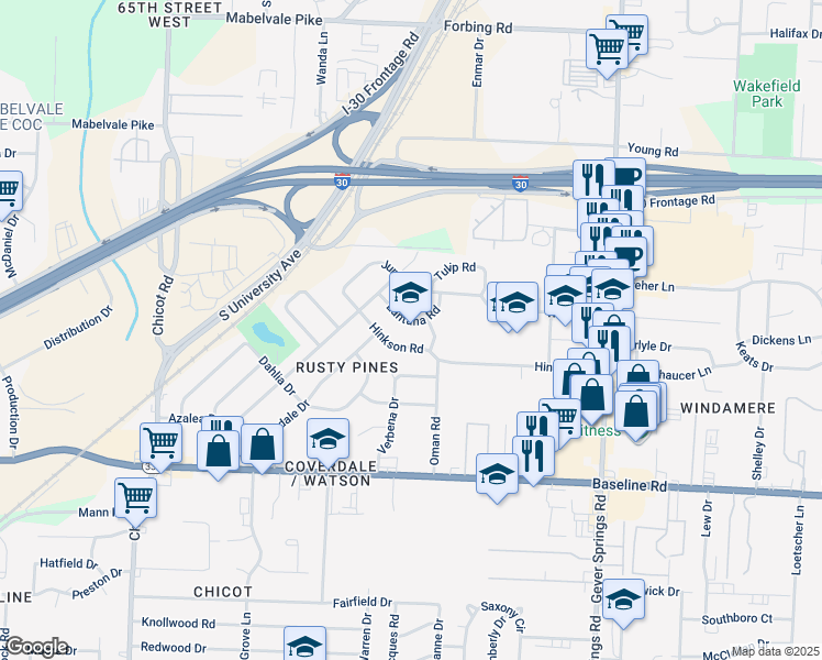 map of restaurants, bars, coffee shops, grocery stores, and more near in Little Rock