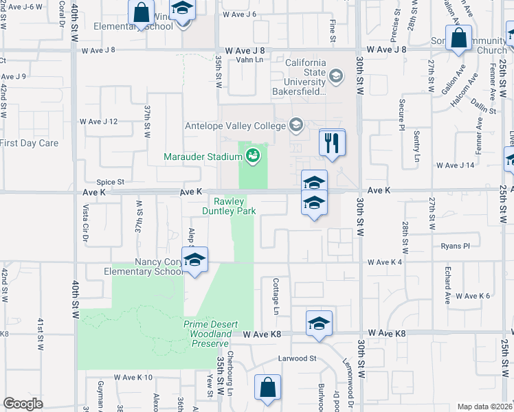 map of restaurants, bars, coffee shops, grocery stores, and more near 3250 West Avenue K1 in Lancaster