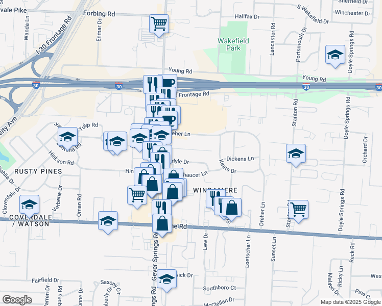 map of restaurants, bars, coffee shops, grocery stores, and more near 5709 Windamere Drive in Little Rock