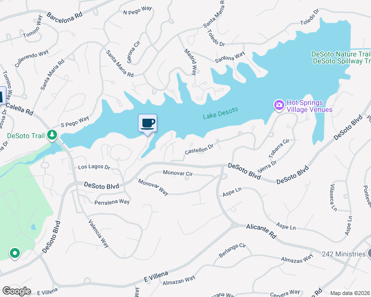 map of restaurants, bars, coffee shops, grocery stores, and more near 7 Castellon Drive in Hot Springs