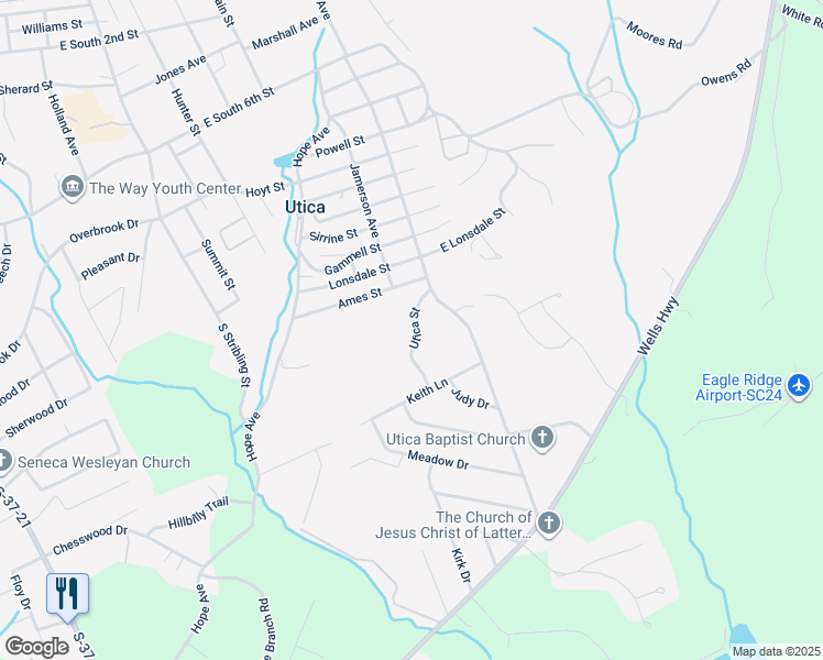 map of restaurants, bars, coffee shops, grocery stores, and more near 8034 Utica Street in Seneca