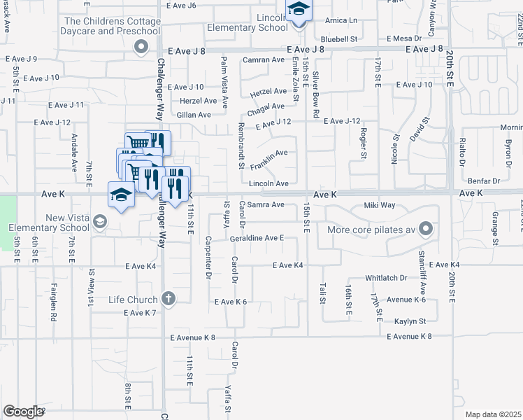 map of restaurants, bars, coffee shops, grocery stores, and more near 1234 Samra Avenue in Lancaster