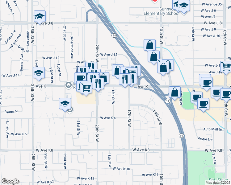 map of restaurants, bars, coffee shops, grocery stores, and more near 43536 18th Street West in Lancaster