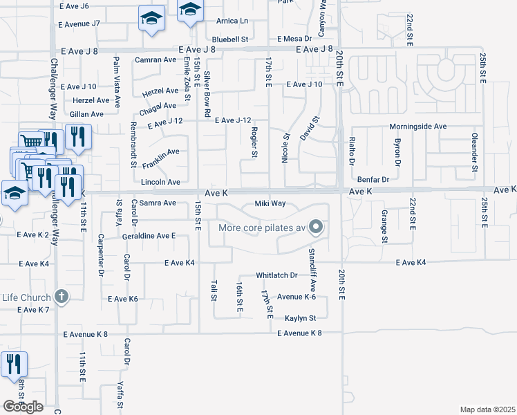 map of restaurants, bars, coffee shops, grocery stores, and more near 1638 Miki Way in Lancaster