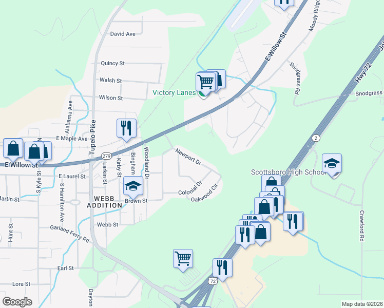 map of restaurants, bars, coffee shops, grocery stores, and more near 114 Newport Drive in Scottsboro