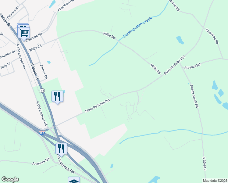 map of restaurants, bars, coffee shops, grocery stores, and more near 109 Hunts Bridge Road in Fountain Inn