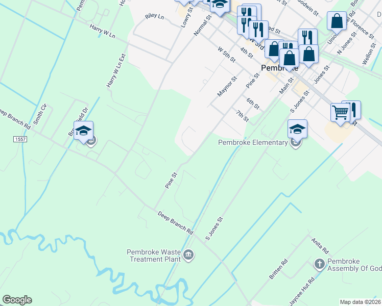 map of restaurants, bars, coffee shops, grocery stores, and more near 606 Lumbee Street in Pembroke