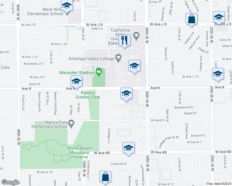 map of restaurants, bars, coffee shops, grocery stores, and more near 3234 West Avenue K in Lancaster