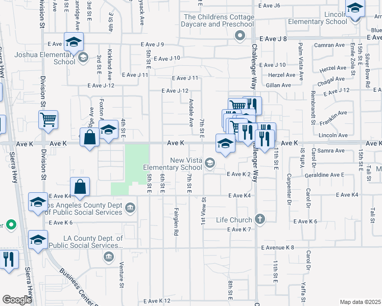 map of restaurants, bars, coffee shops, grocery stores, and more near 43540 7th Street East in Lancaster