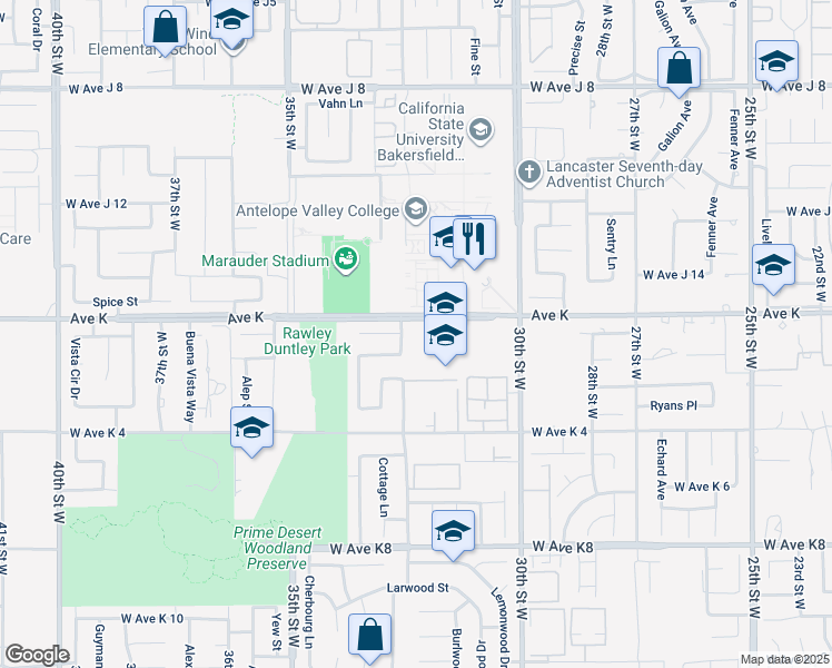 map of restaurants, bars, coffee shops, grocery stores, and more near 3218 West Avenue K in Lancaster