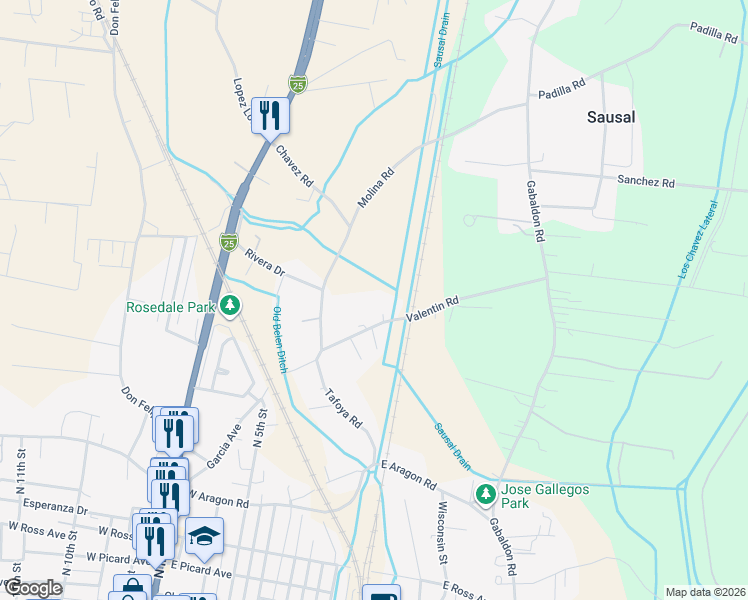 map of restaurants, bars, coffee shops, grocery stores, and more near 110 Valentin Road in Belen