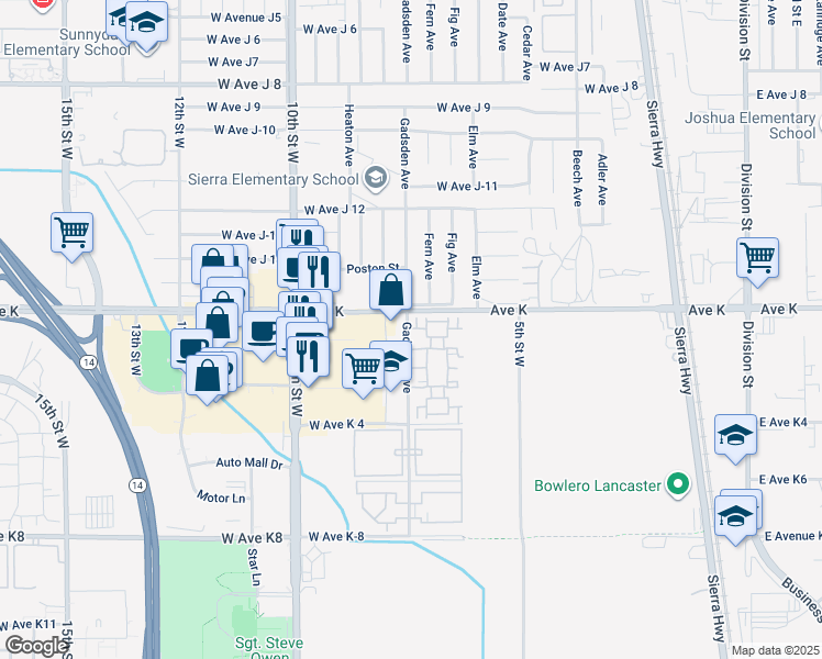 map of restaurants, bars, coffee shops, grocery stores, and more near 43530 Gadsden Avenue in Lancaster